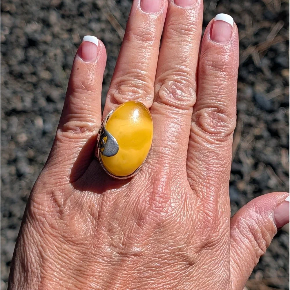 Handmade .925 Sterling Silver Baltic Butterscotch‎ Amber Ring Semi Adjustable